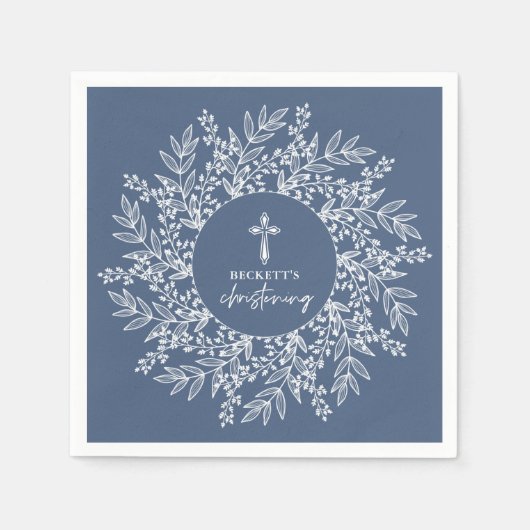 Elegant Wreath and Cross Blue Boy Christening Servet (Voorkant)