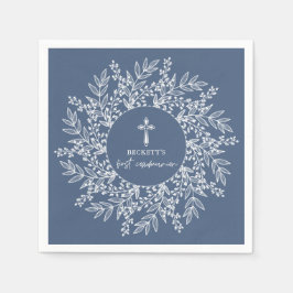 Elegant Wreath and Cross Blue Boy First Communion Servet