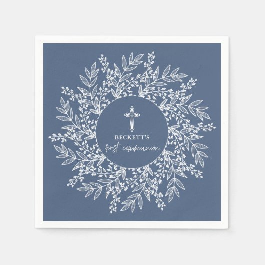 Elegant Wreath and Cross Blue Boy First Communion Servet (Voorkant)