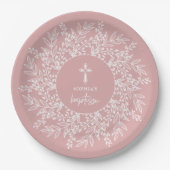Elegant Wreath and Cross Pink Girl Baptism Papieren Bordje (Voorkant)
