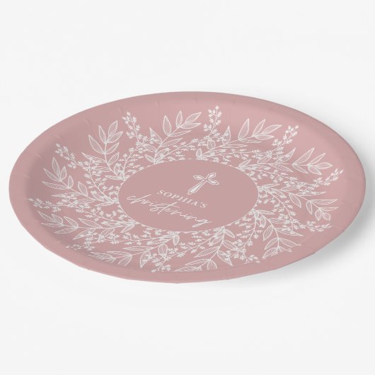 Elegant Wreath and Cross Pink Girl Christening Papieren Bordje (Gekanteld)