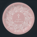 Elegant Wreath and Cross Pink Girl Christening Papieren Bordje<br><div class="desc">Stylish pink girl christening paper plates feature a white cross surrounded by a wreath of white leaves and your details in chic lettering. MATCHING items available in our collection.</div>