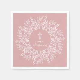 Elegant Wreath and Cross Pink Girl Christening Servet