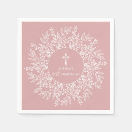 Elegant Wreath and Cross Pink Girl First Communion Servet