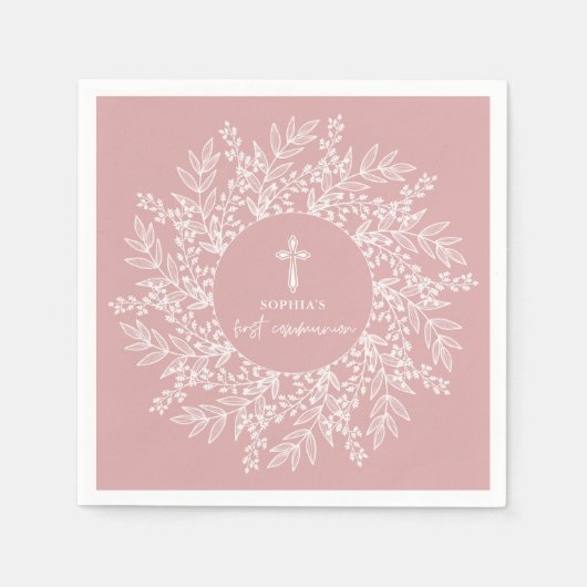 Elegant Wreath and Cross Pink Girl First Communion Servet (Voorkant)