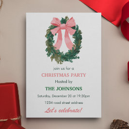 Elegant Wreath & Bow Christmas Party Invitation  Kaart