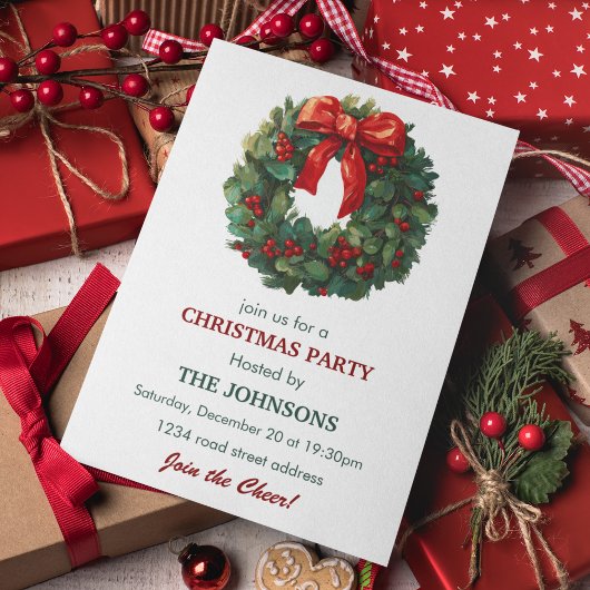 Elegant Wreath Christmas Party Invitation Kaart