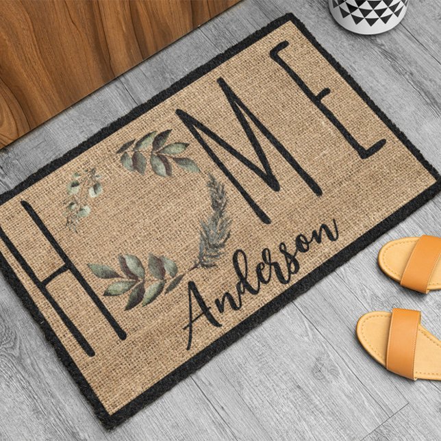 Elegant Wreath Faux Burlap Family Name Doormat Deurmat (Creator heeft geüpload)