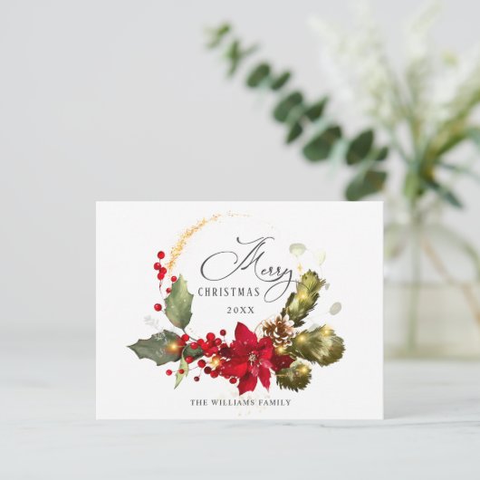 Elegant Wreath Holly Berry Mistletoe Kerstmis Briefkaart (Staand voorkant)