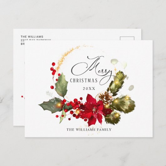 Elegant Wreath Holly Berry Mistletoe Kerstmis Briefkaart (Voorkant / Achterkant)