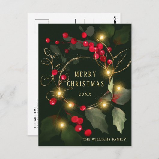 Elegant Wreath Holly Berry Pine Forest Kerstmis Briefkaart (Voorkant / Achterkant)