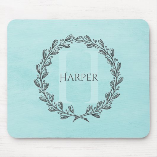 Elegant Wreath Monogram | BLAUWGROEN MUISMAT (Voorkant)