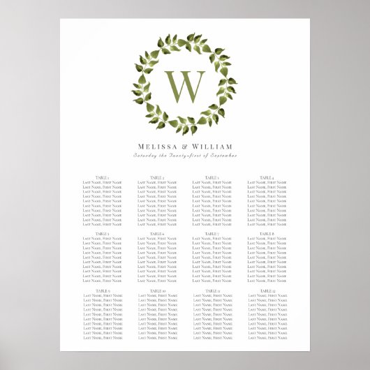 Elegant Wreath Monogram Green Wedding Seating Seat Poster (Voorkant)