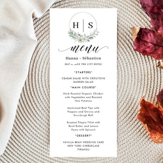 Elegant Wreath Monogram Wedding  Menu