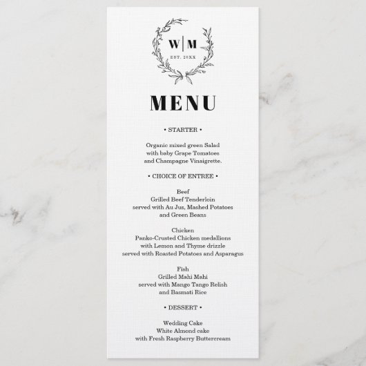 Elegant Wreath Monogram Wedding Menu Kaart (Voorkant)