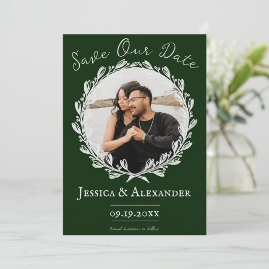Elegant Wreath Photo Lijst | Emerald Green Save The Date (Staand voorkant)