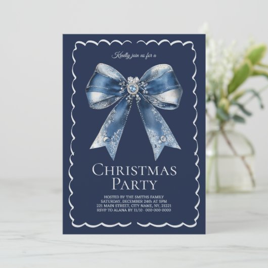 Elegant XL Bow Blauw Zilver Glitter Kerstfeest Kaart (Staand voorkant)
