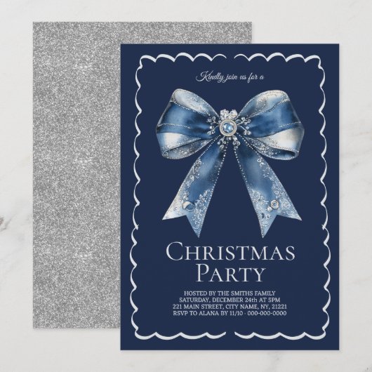 Elegant XL Bow Blauw Zilver Glitter Kerstfeest Kaart (Voorkant / Achterkant)