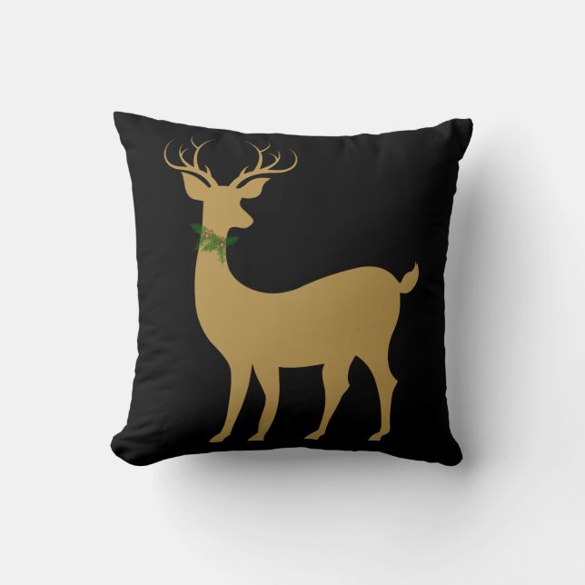 Elegant Xmas Reindeer w Holly Gold op Black Pillow Kussen (Voorkant)