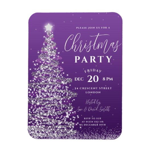 Elegant Xmas Tree Silver Paarse Holiday Invite Magneet (Verticaal)