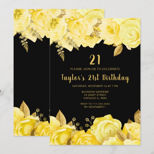 Elegant Yellow and Gold Flowers Birthday Party Kaart (Voorkant / Achterkant)