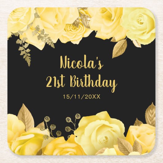 Elegant Yellow and Gold Flowers Birthday Party Kartonnen Onderzetters (Voorkant)