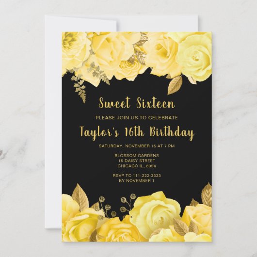 Elegant Yellow and Gold Flowers Sweet Sixteen Kaart (Voorkant)