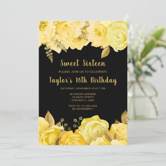 Elegant Yellow and Gold Flowers Sweet Sixteen Kaart (Staand voorkant)