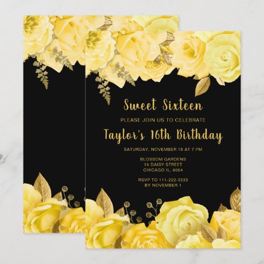Elegant Yellow and Gold Flowers Sweet Sixteen Kaart (Voorkant / Achterkant)