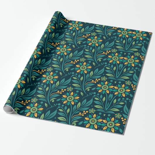 Elegant Yellow and Teal Floral Pattern Design Cadeaupapier (Uitgerold)