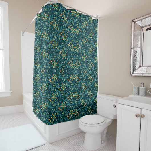 Elegant Yellow and Teal Floral Pattern Design Douchegordijn (In situ)