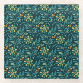Elegant Yellow and Teal Floral Pattern Design Glazen Onderzetter