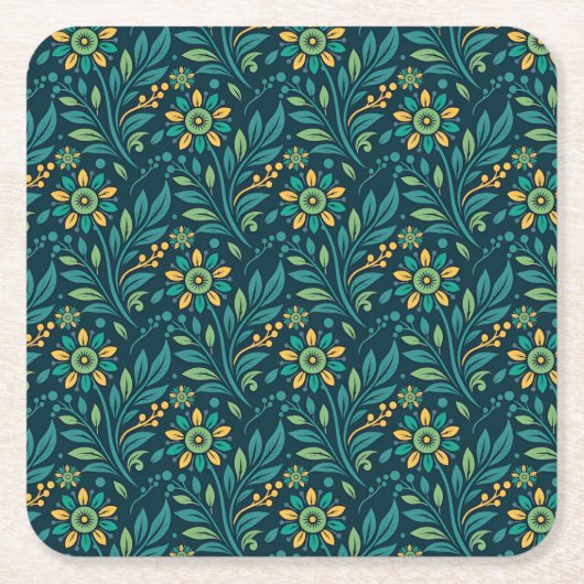 Elegant Yellow and Teal Floral Pattern Design Kartonnen Onderzetters (Voorkant)
