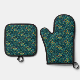 Elegant Yellow and Teal Floral Pattern Design Ovenwant & Pannenlap Set