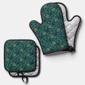Elegant Yellow and Teal Floral Pattern Design Ovenwant & Pannenlap Set (Voorkant / Achterkant)