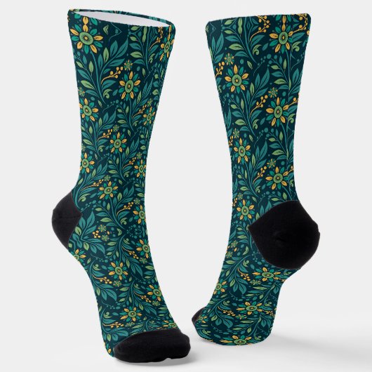Elegant Yellow and Teal Floral Pattern Design Sokken (Gebogen)