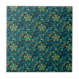 Elegant Yellow and Teal Floral Pattern Design Tegeltje