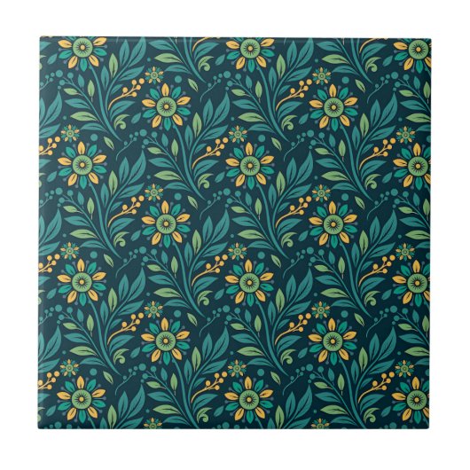 Elegant Yellow and Teal Floral Pattern Design Tegeltje (Voorkant)