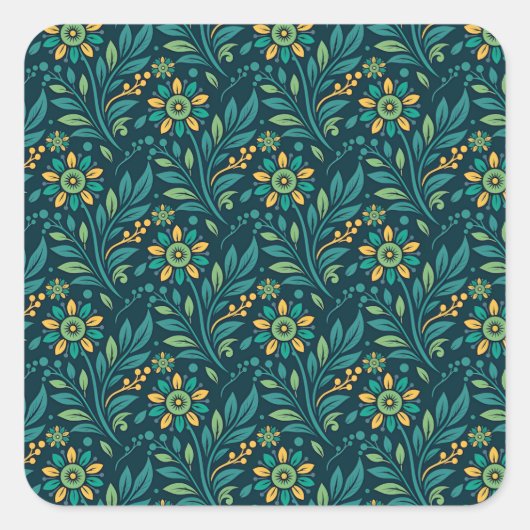 Elegant Yellow and Teal Floral Pattern Design Vierkante Sticker (Voorkant)