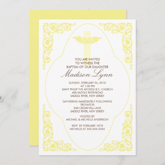 Elegant Yellow Baptism Invitation Kaart (Voorkant / Achterkant)