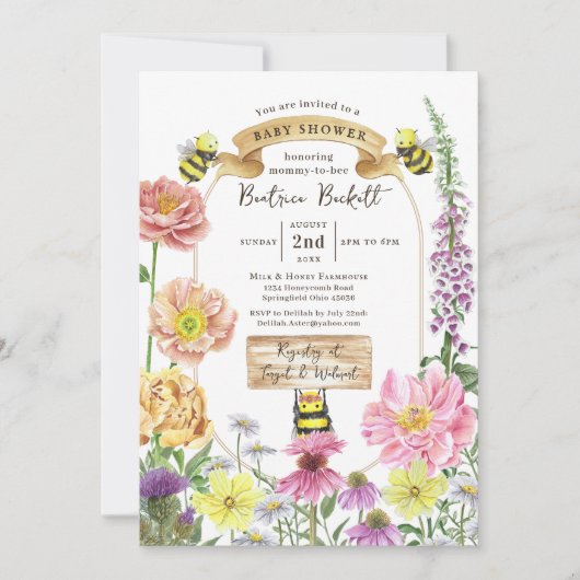 Elegant Yellow Bee en Wildflower Baby shower Kaart (Voorkant)