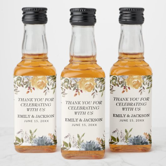 Elegant Yellow Blue Waterverf Floral Wedding Likeurfles Etiket (Flessen)