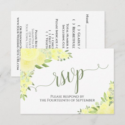 Elegant Yellow Boho Floral kalligraphy Wedding RSVP Kaartje (Voorkant / Achterkant)