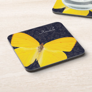 Elegant Yellow Butterfly Black Damask voeg naam to Bier Onderzetter