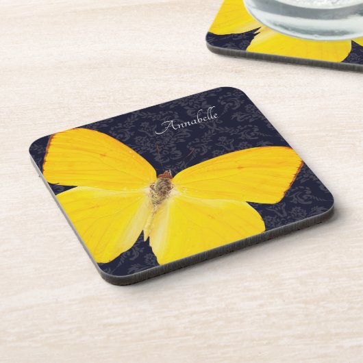 Elegant Yellow Butterfly Black Damask voeg naam to Bier Onderzetter (Linkerzijde)