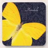 Elegant Yellow Butterfly Black Damask voeg naam to Bier Onderzetter (Voorkant)