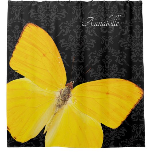Elegant Yellow Butterfly Black Damask voeg naam to Douchegordijn (Voorkant)