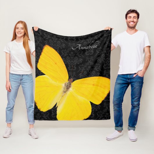 Elegant Yellow Butterfly Black Damask voeg naam to Fleece Deken (In situ)