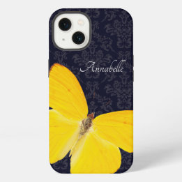 Elegant Yellow Butterfly Black Damask voeg naam to iPhone 13 Hoesje