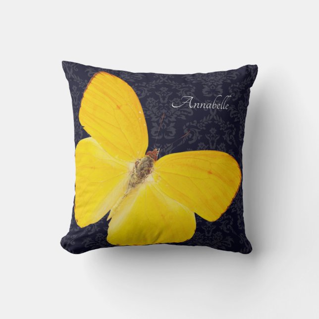 Elegant Yellow Butterfly Black Damask voeg naam to Kussen (Voorkant)